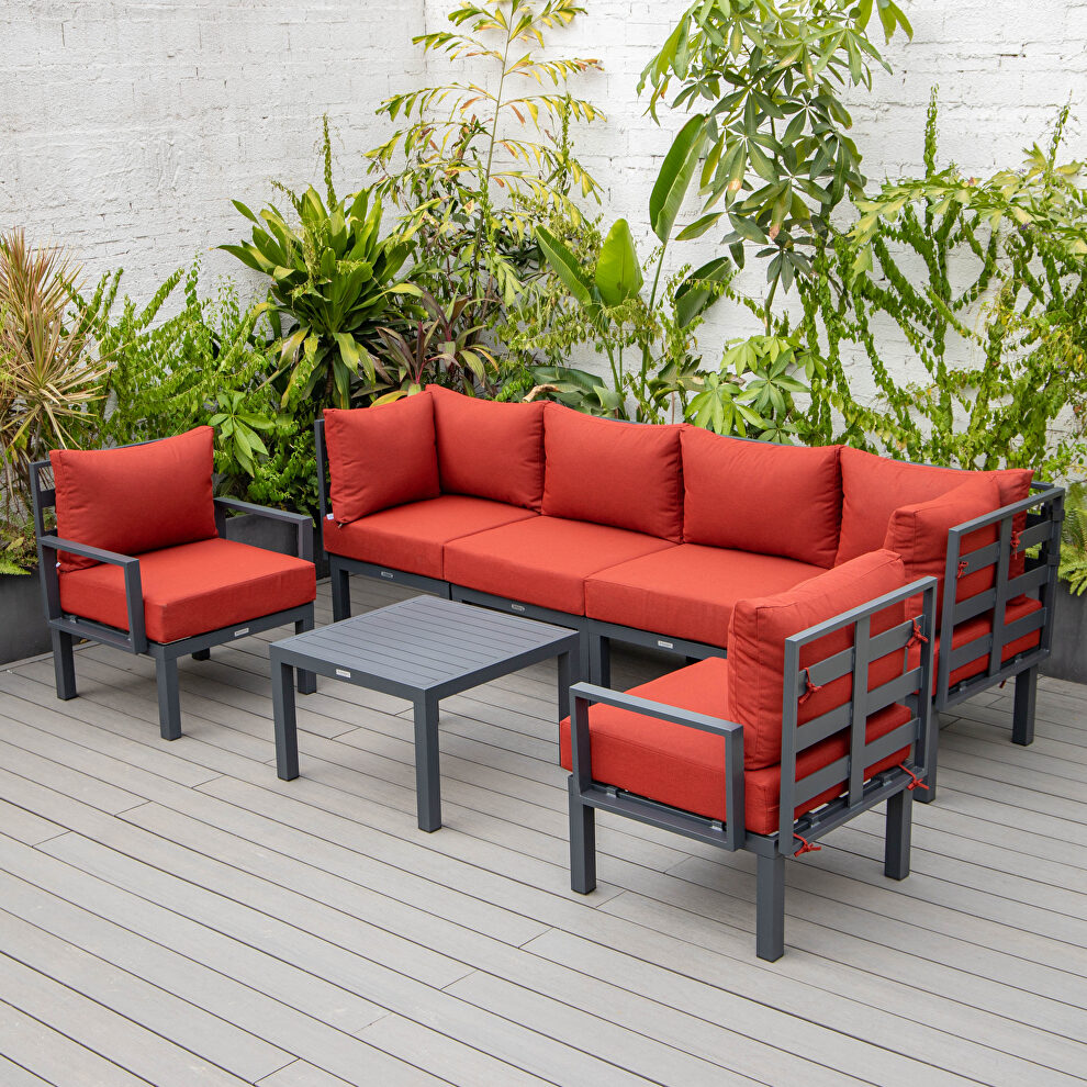 Red finish cushions 7-piece patio sectional and coffee table set black aluminum by Leisure Mod