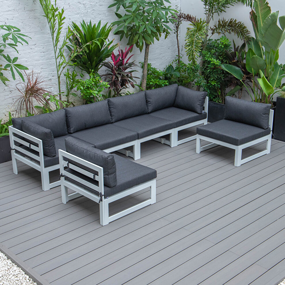 Black finish cushions 6-piece patio sectional in white aluminum by Leisure Mod
