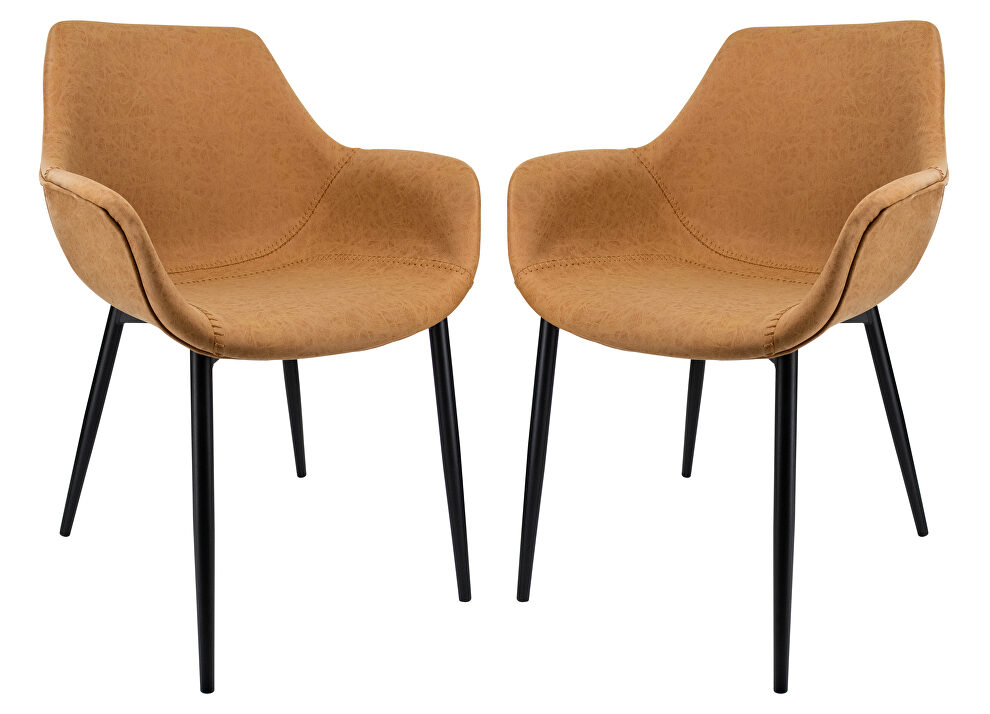 Light brown modern leather dining arm chair with metal legs set of 2 by Leisure Mod