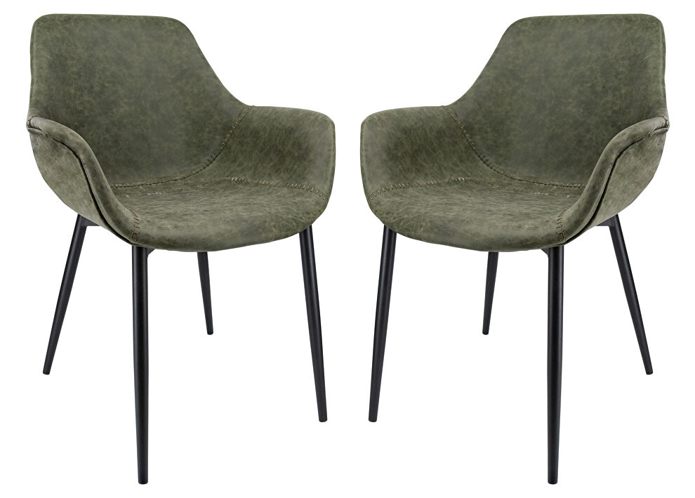 Olive green modern leather dining arm chair with metal legs set of 2 by Leisure Mod