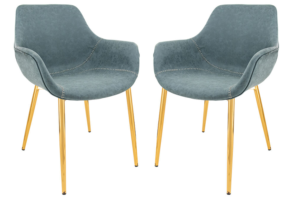 Peacock blue modern leather dining arm chair with gold metal legs set of 2 by Leisure Mod