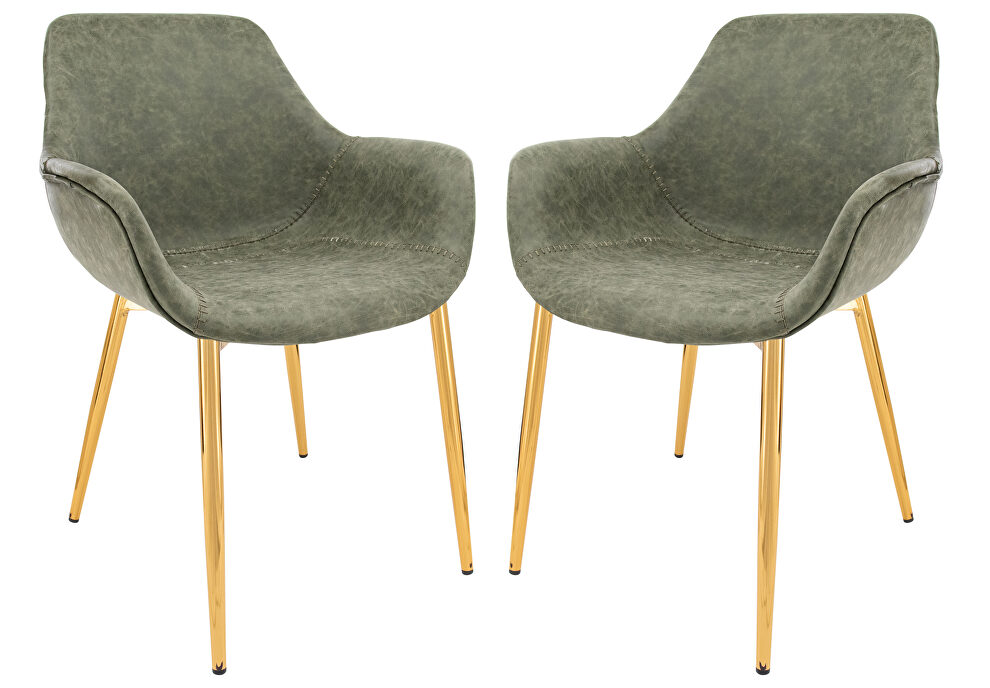 Olive green modern leather dining arm chair with gold metal legs set of 2 by Leisure Mod