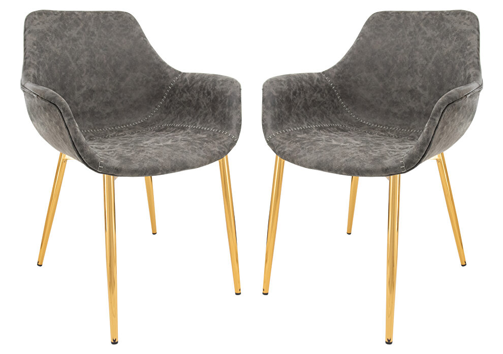 Gray modern leather dining arm chair with gold metal legs set of 2 by Leisure Mod