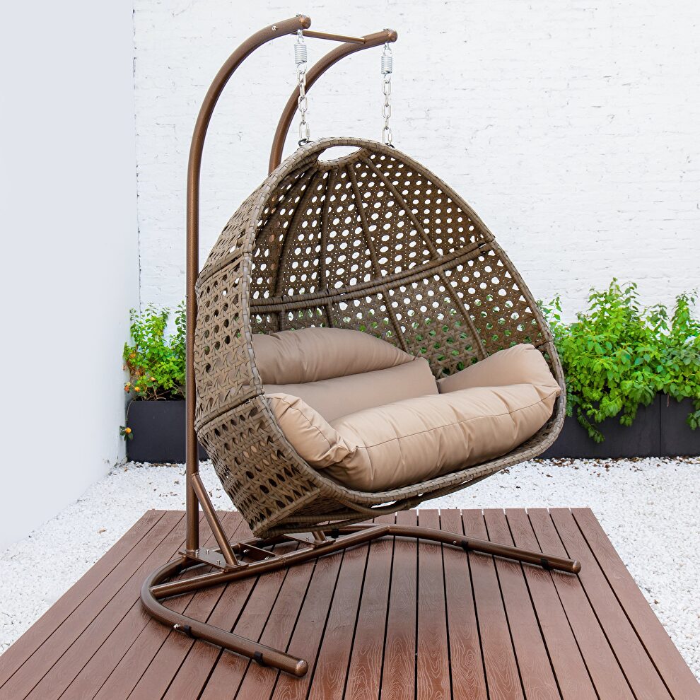 Brown finish wicker hanging double egg swing chair by Leisure Mod