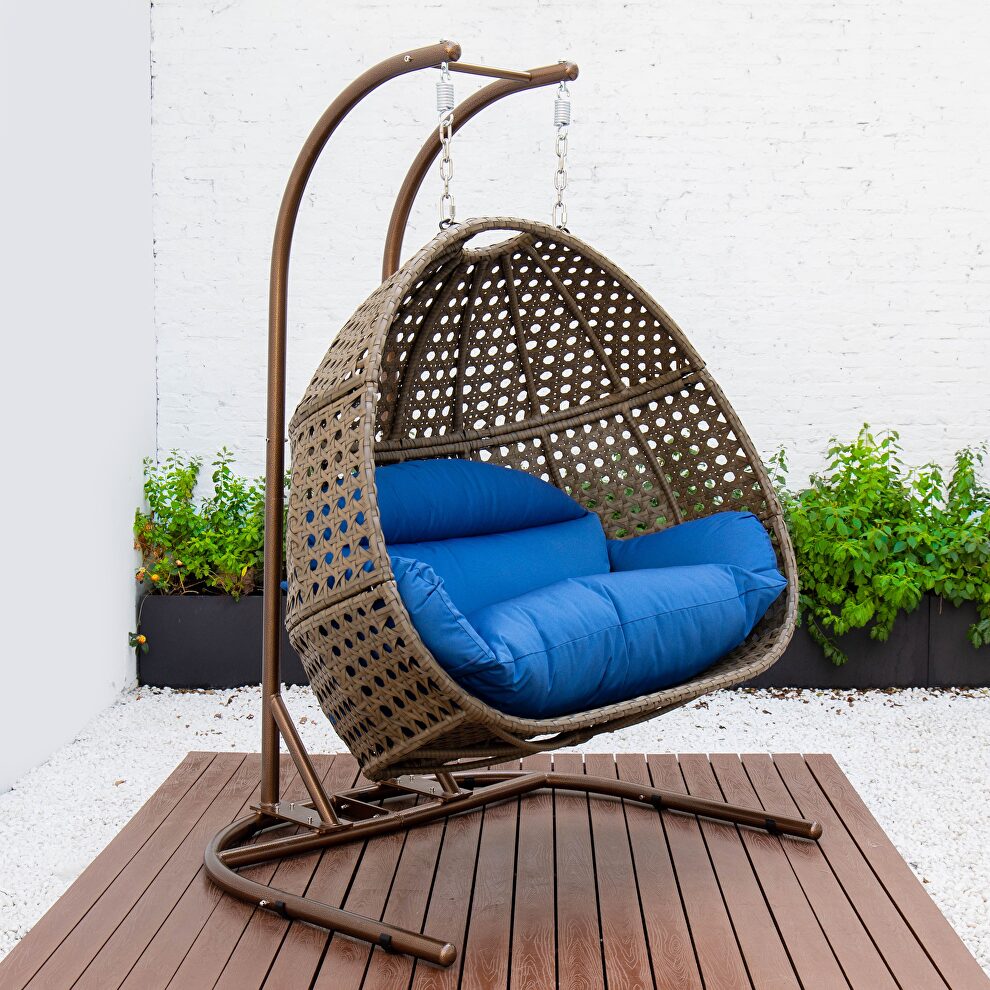 Blue finish wicker hanging double egg swing chair by Leisure Mod