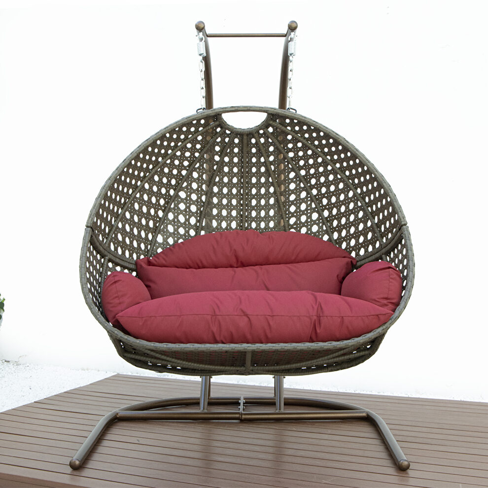 Dark red finish wicker hanging double egg swing chair by Leisure Mod