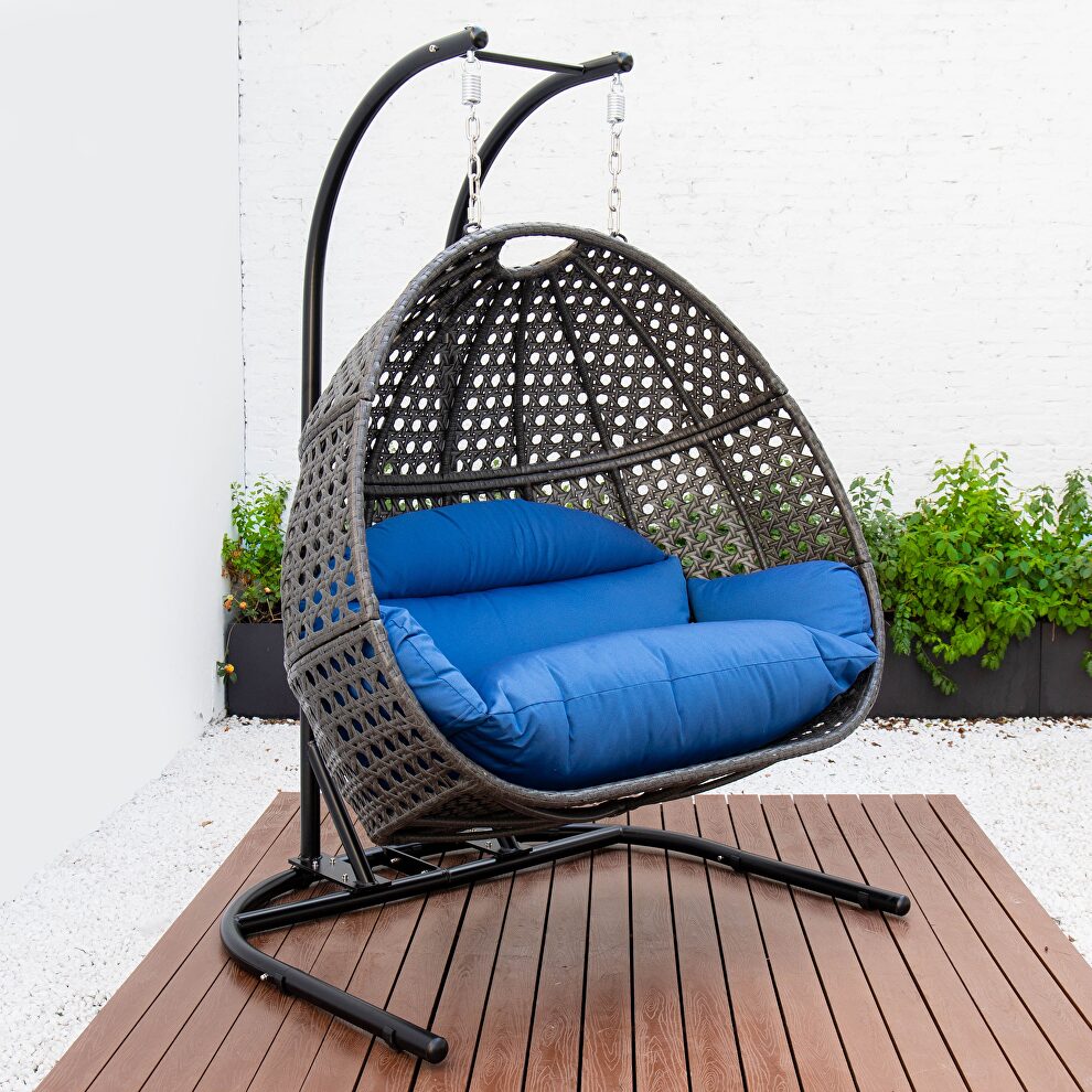 Blue finish wicker hanging double egg swing modern chair by Leisure Mod