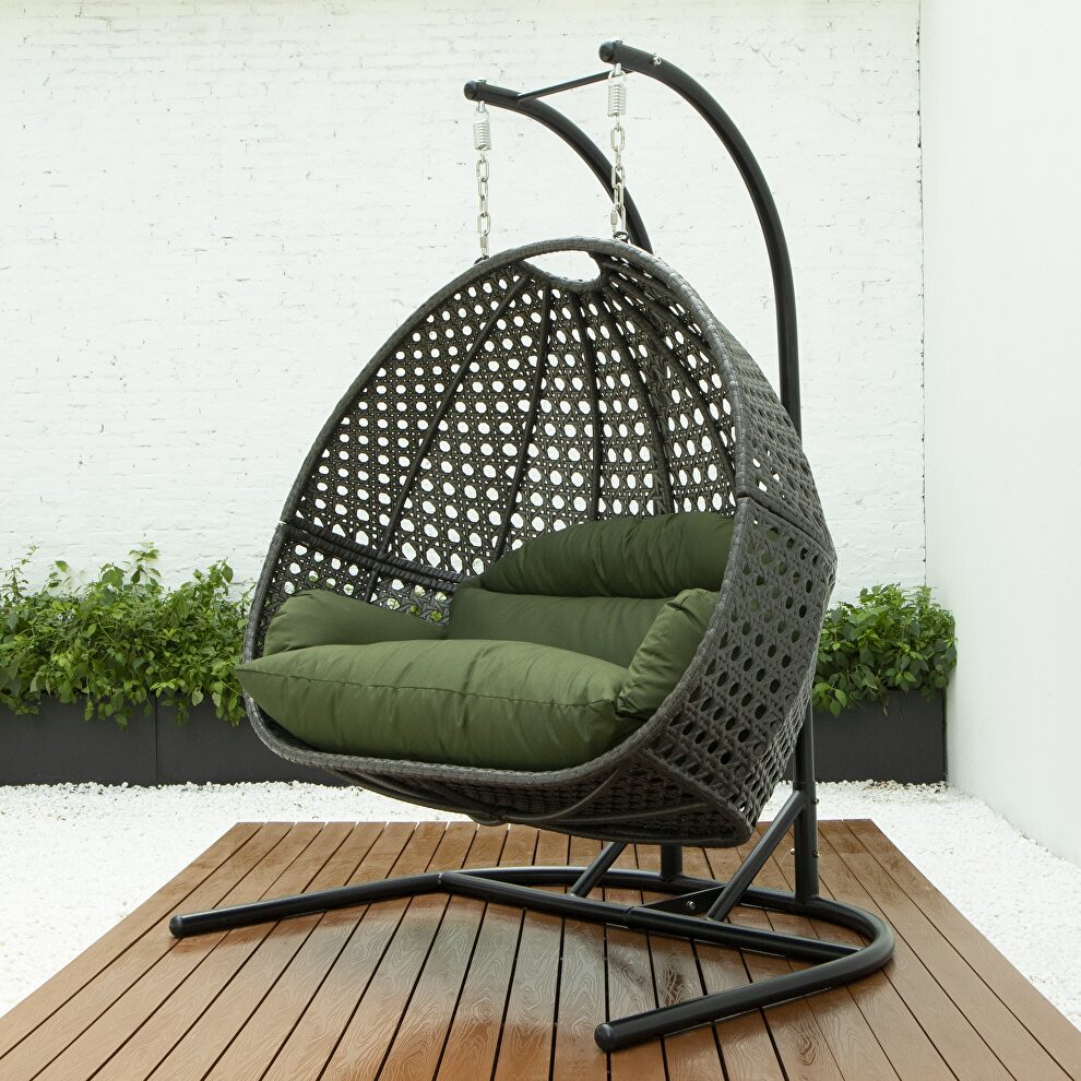 Dark green finish wicker hanging double egg swing chair by Leisure Mod