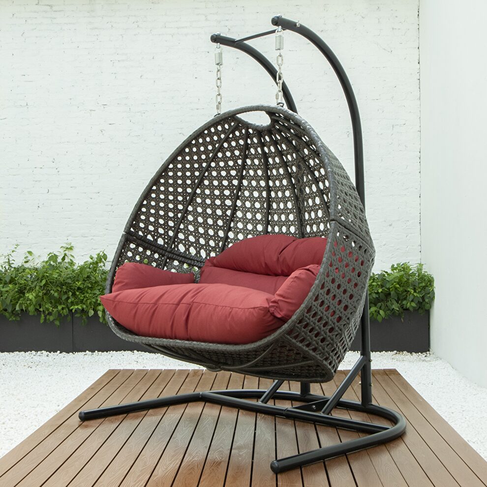 Dark red finish wicker hanging double egg swing modern chair by Leisure Mod