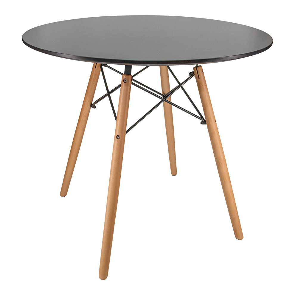 Black round bistro wood top dining table w/ natural wood eiffel base by Leisure Mod