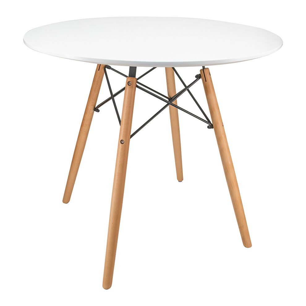 White round bistro wood top dining table w/ natural wood eiffel base by Leisure Mod
