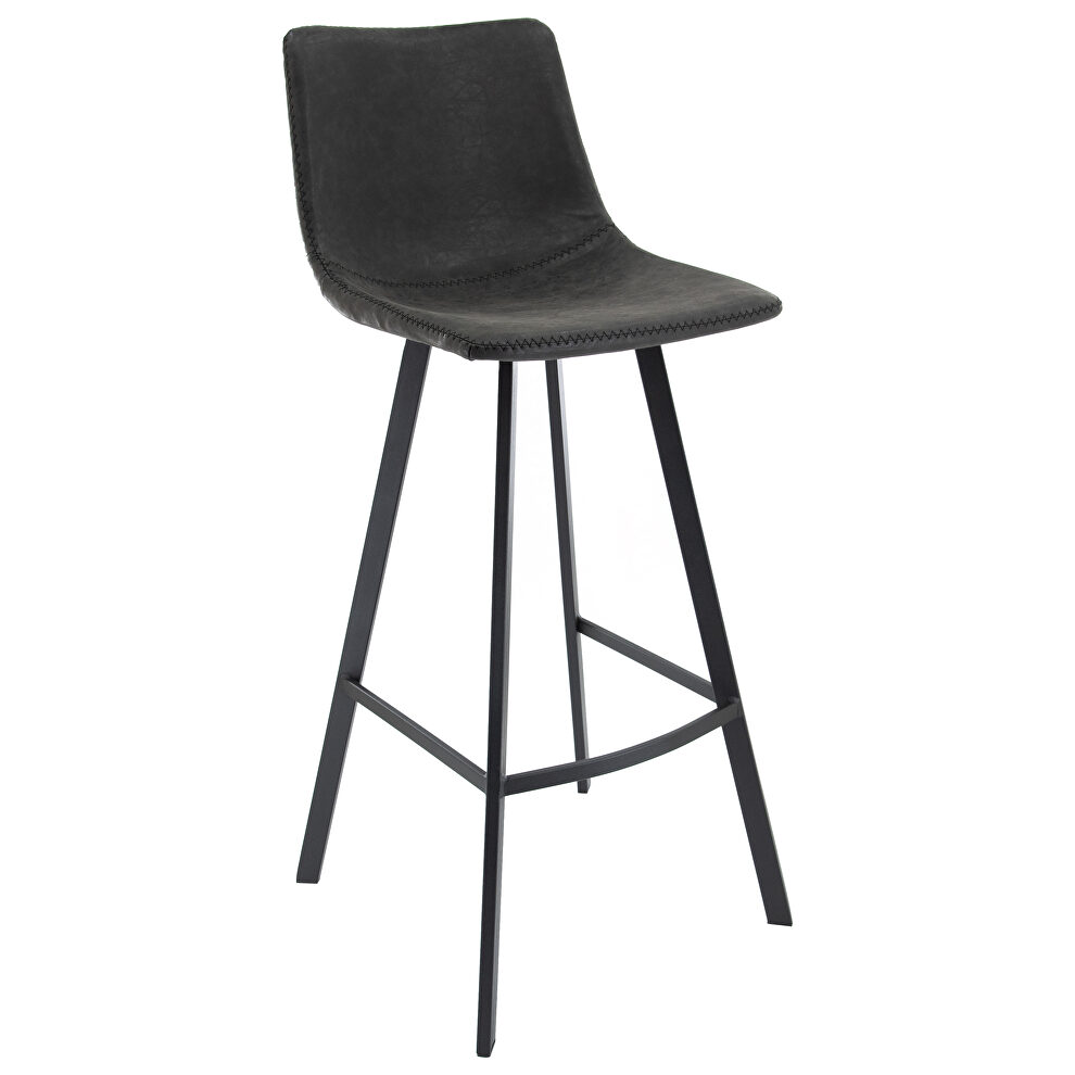 Charcoal black modern upholstered leather bar stool with iron legs & footrest by Leisure Mod