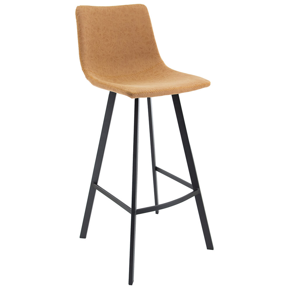 Light brown modern upholstered leather bar stool with iron legs & footrest by Leisure Mod