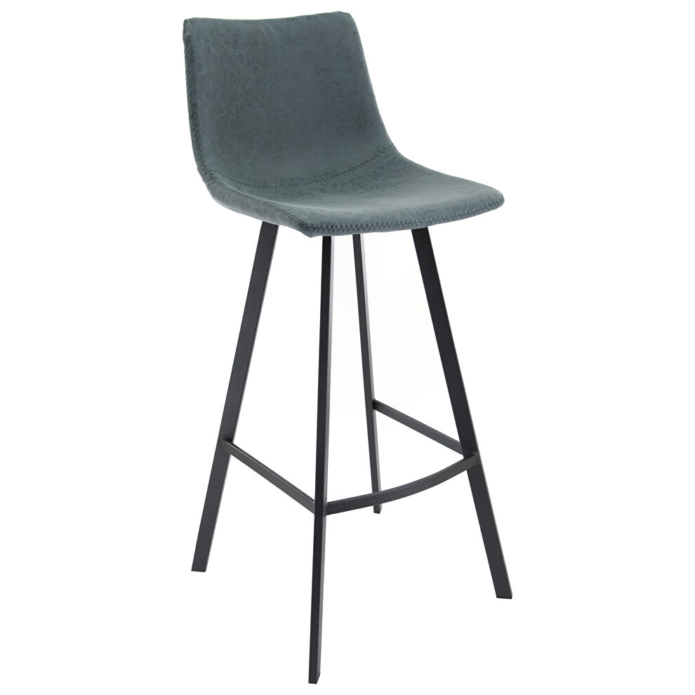 Peacock blue modern upholstered leather bar stool with iron legs & footrest by Leisure Mod