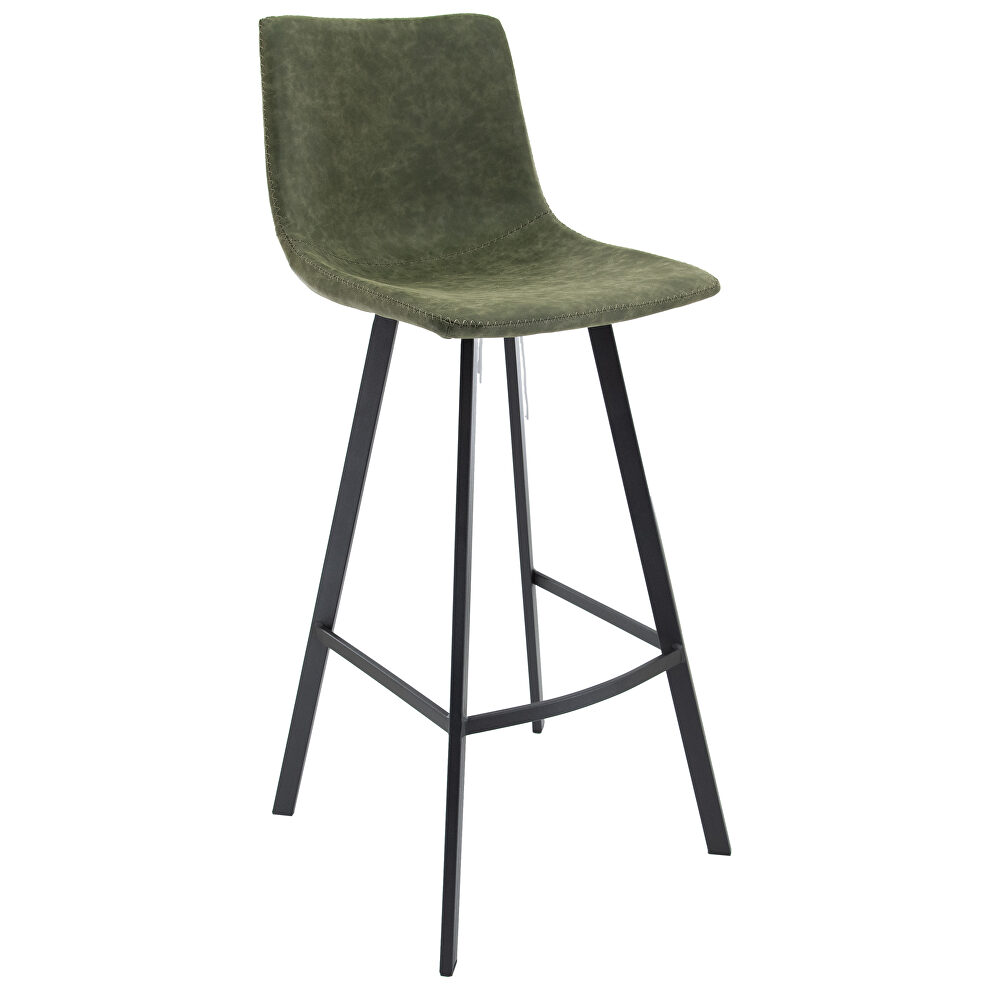 Olive green modern upholstered leather bar stool with iron legs & footrest by Leisure Mod