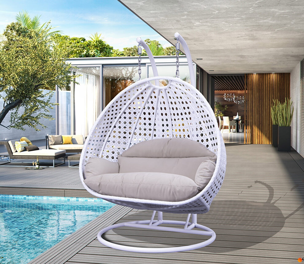 White wicker hanging double seater egg swing modern chair by Leisure Mod