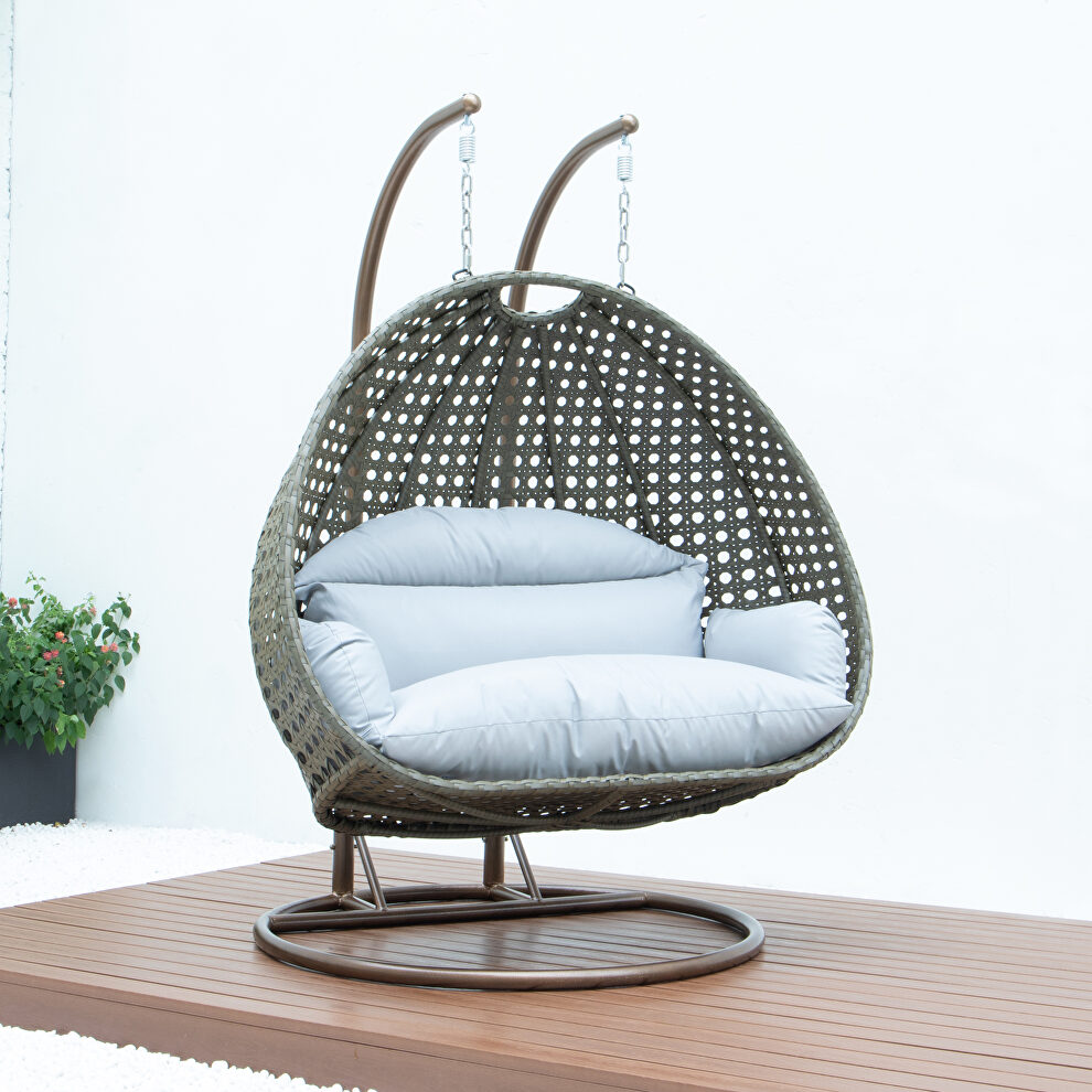 Light gray wicker hanging double seater egg modern swing chair by Leisure Mod