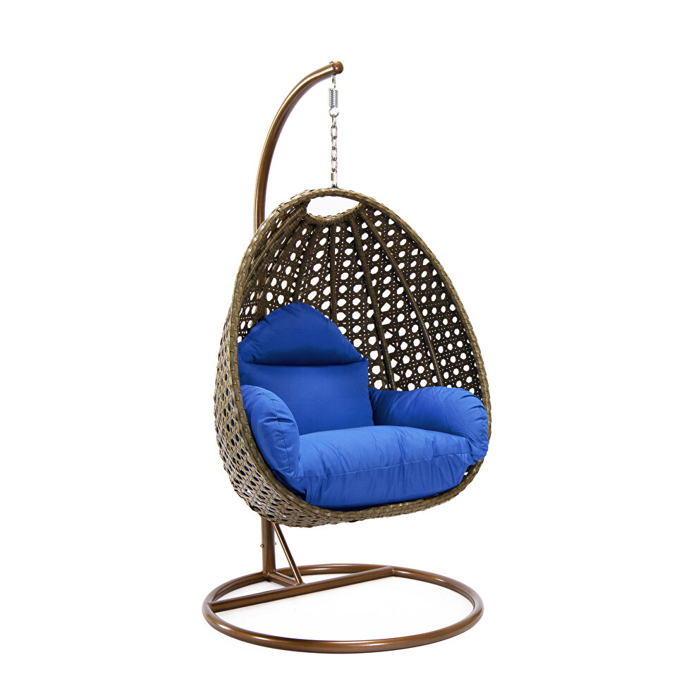 Blue cushion wicker hanging egg swing chair by Leisure Mod