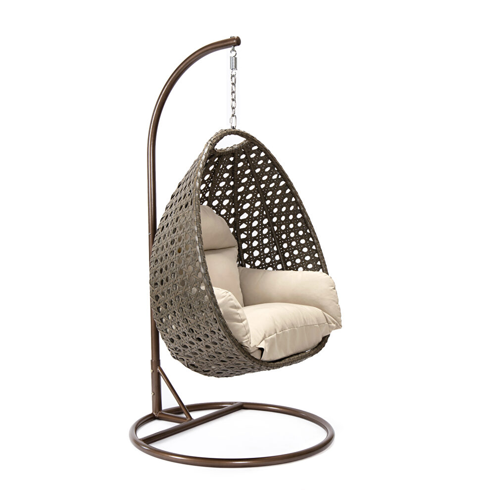 Taupe cushion wicker hanging egg swing chair by Leisure Mod