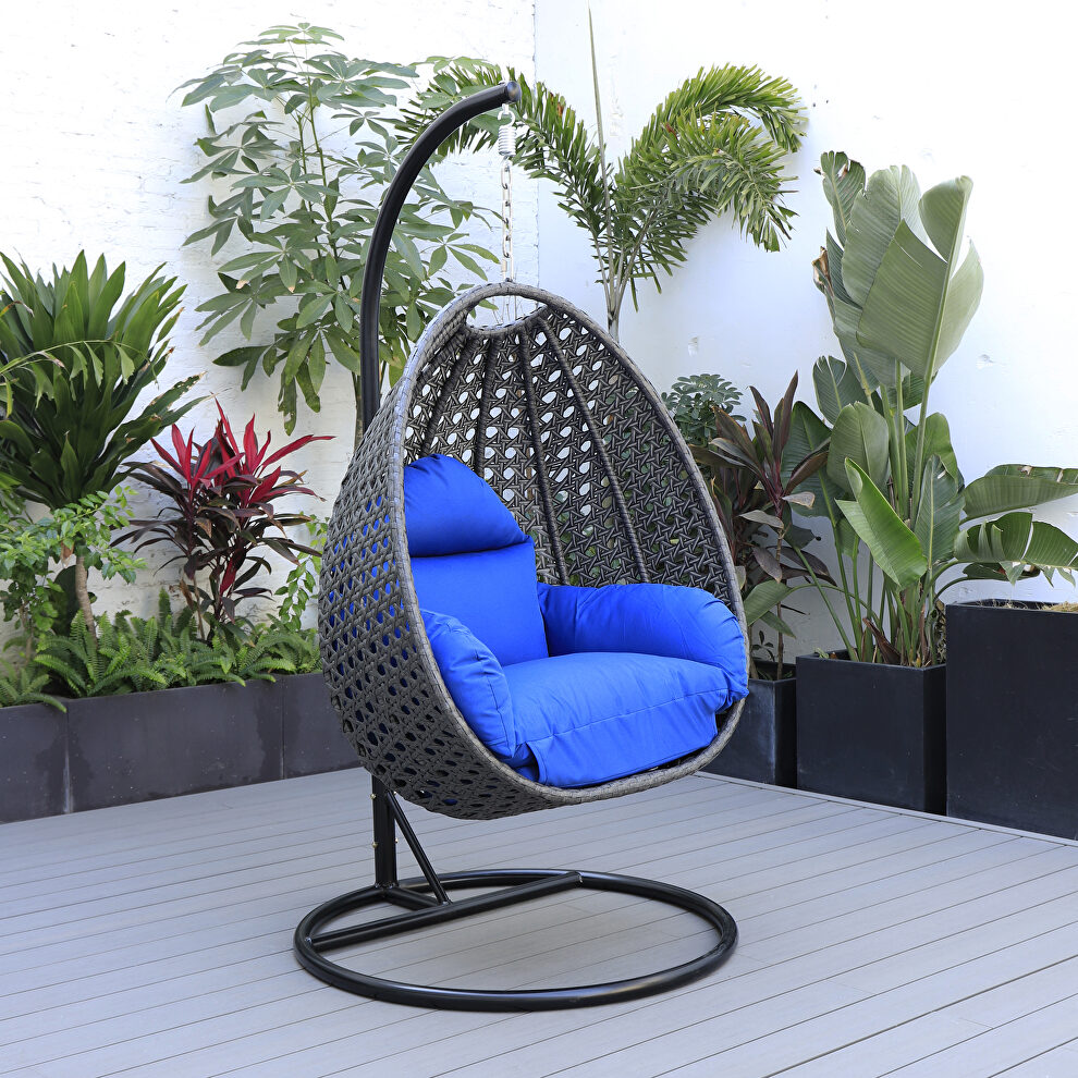 Blue cushion and charcoal wicker hanging egg swing chair by Leisure Mod