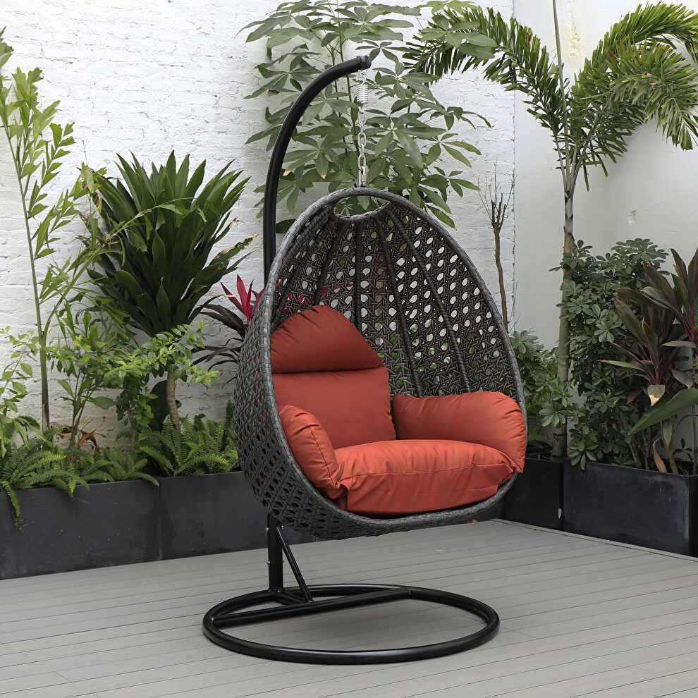 Cherry cushion and charcoal wicker hanging egg swing chair by Leisure Mod