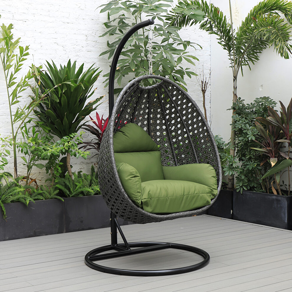 Dark green cushion and charcoal wicker hanging egg swing chair by Leisure Mod