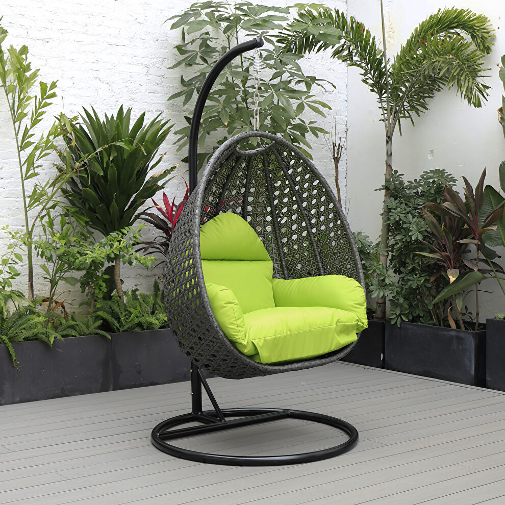 Light green cushion and charcoal wicker hanging egg swing chair by Leisure Mod