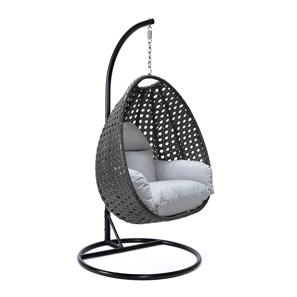 Light gray cushion and charcoal wicker hanging egg swing chair by Leisure Mod