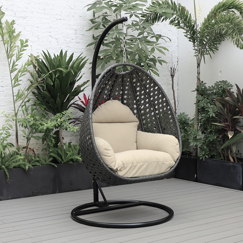 Taupe cushion and charcoal wicker hanging egg swing chair by Leisure Mod