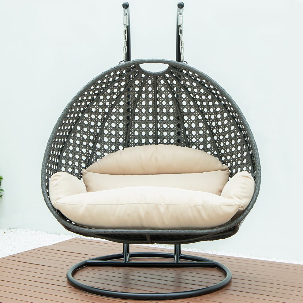 Beige wicker hanging double seater egg swing chair by Leisure Mod