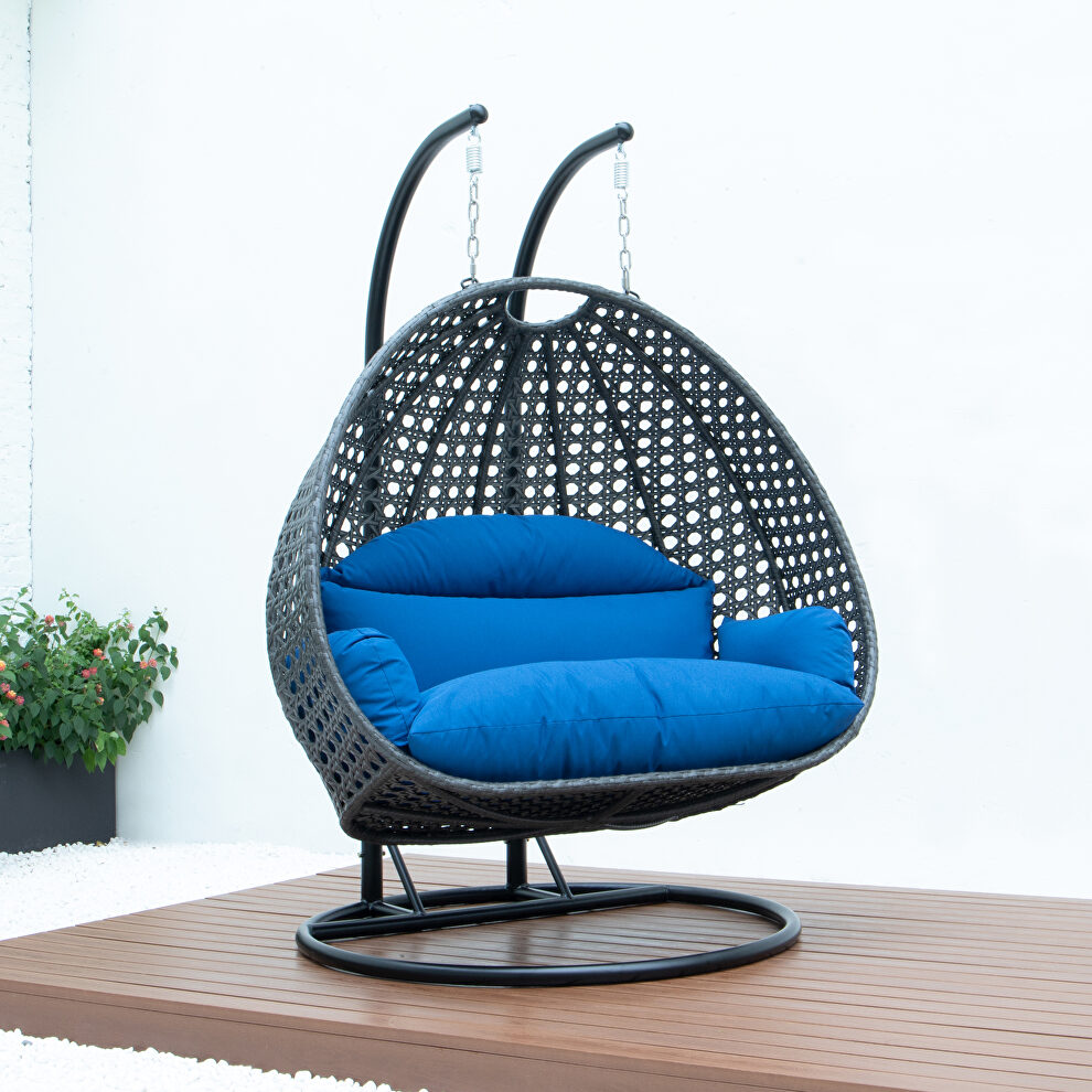 Blue wicker hanging double seater egg swing chair by Leisure Mod