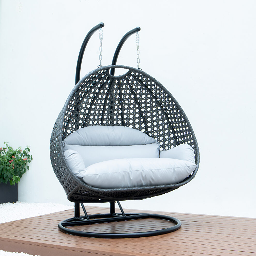Light gray wicker hanging double seater egg swing chair by Leisure Mod