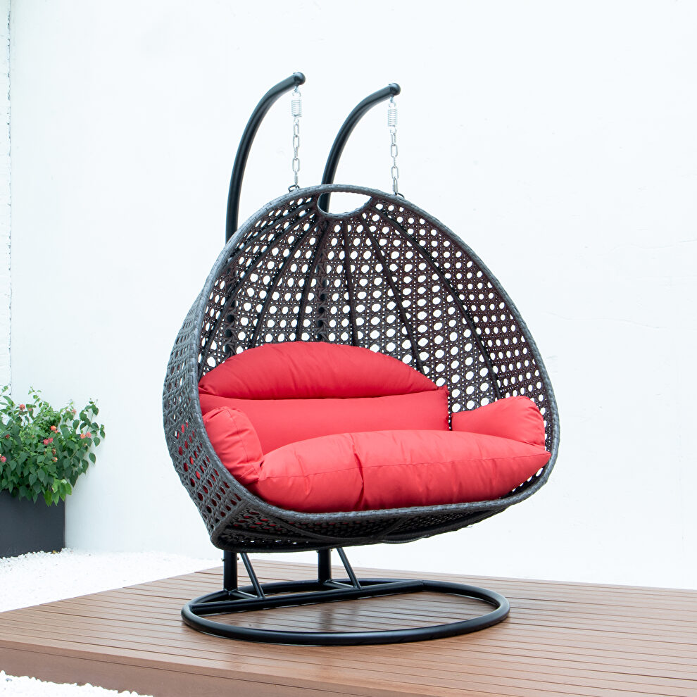 Red wicker hanging double seater egg swing chair by Leisure Mod