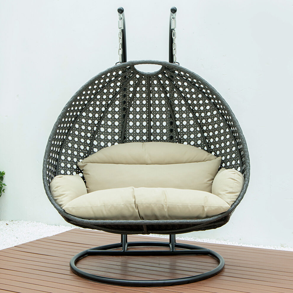 Taupe wicker hanging double seater egg swing chair by Leisure Mod