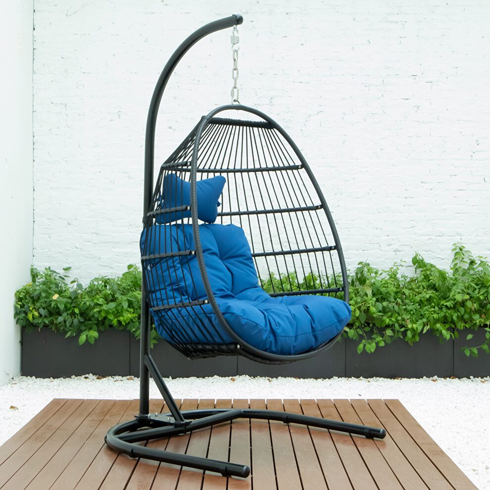 Blue finish wicker folding hanging egg swing chair by Leisure Mod