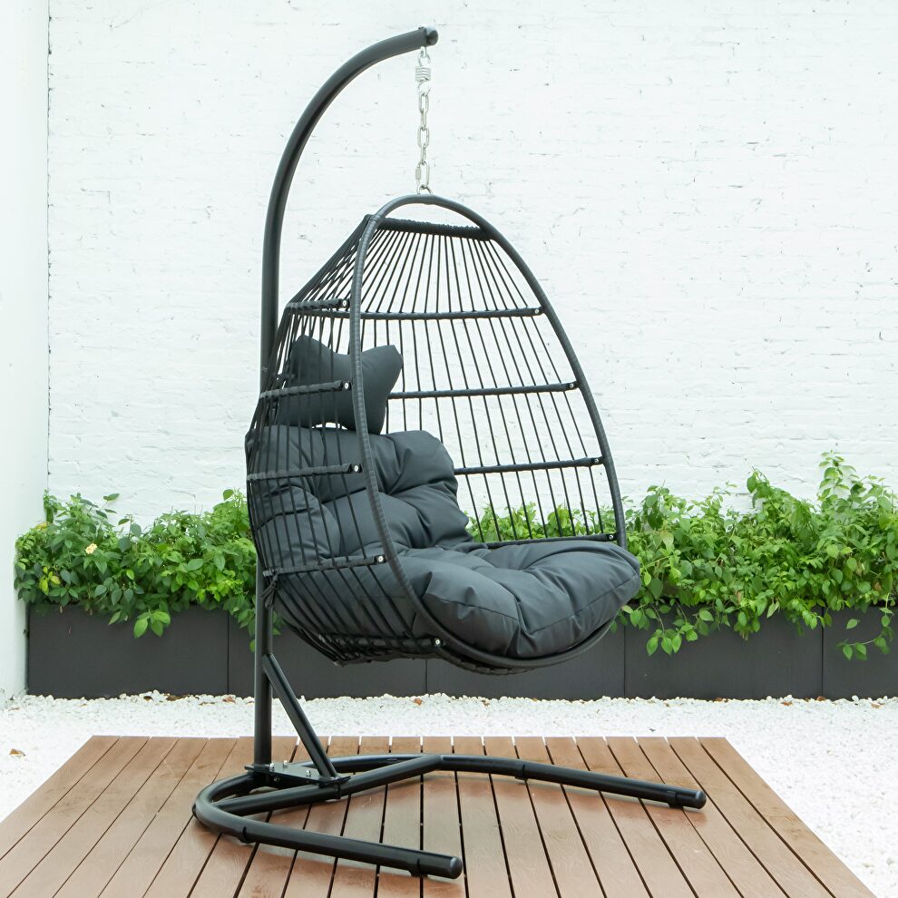 Charcoal finish wicker folding hanging egg swing chair by Leisure Mod