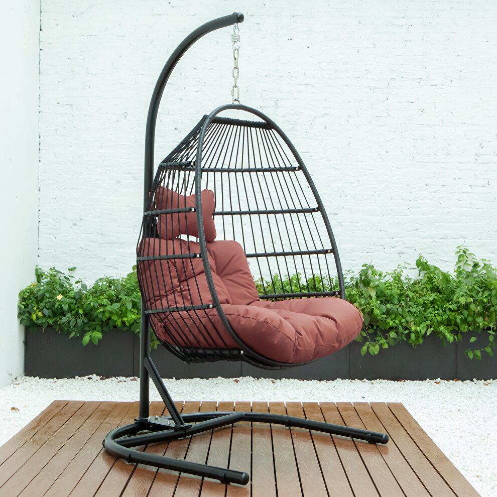 Cherry finish wicker folding hanging egg swing chair by Leisure Mod