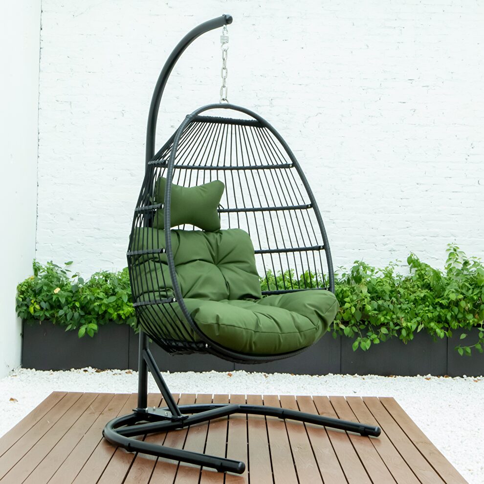 Dark green finish wicker folding hanging egg swing chair by Leisure Mod