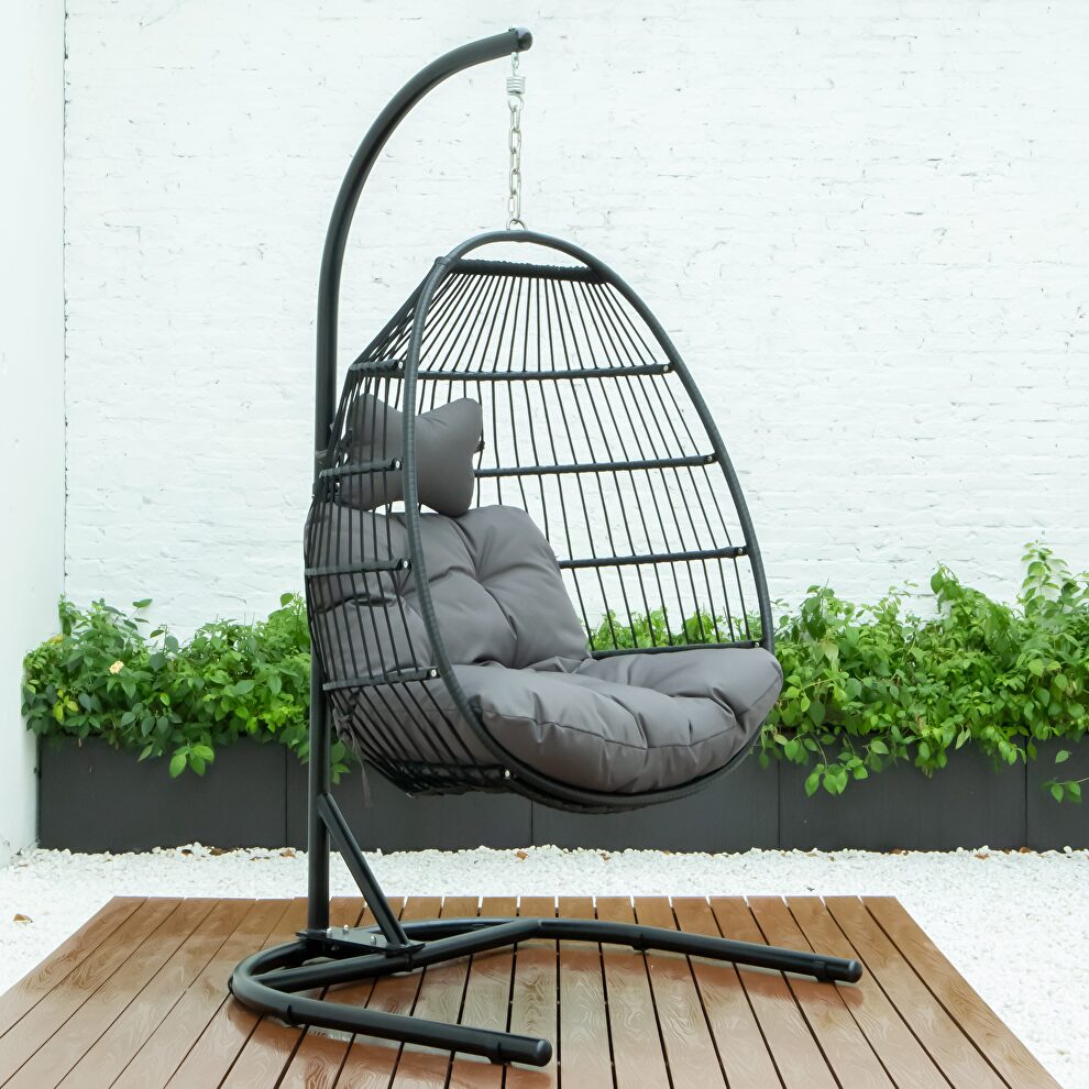 Dark gray finish wicker folding hanging egg swing chair by Leisure Mod