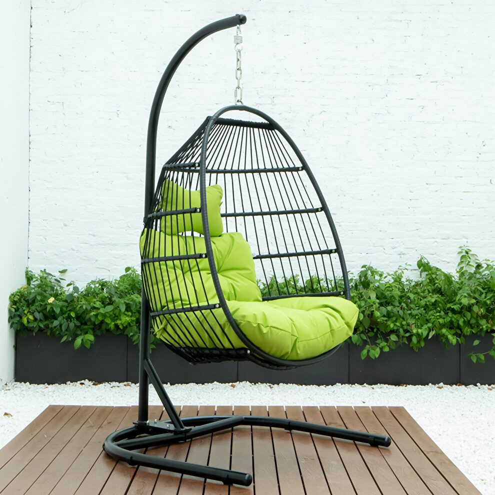 Light green finish wicker folding hanging egg swing chair by Leisure Mod
