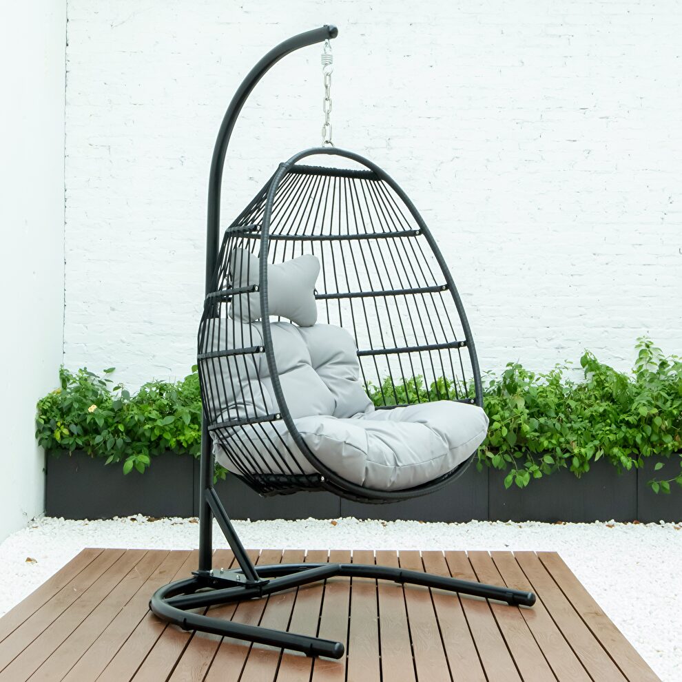 Light gray finish wicker folding hanging egg swing chair by Leisure Mod