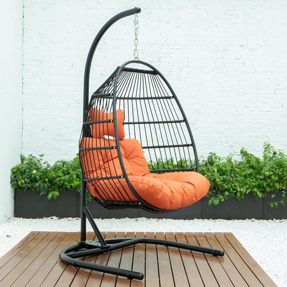 Orange finish wicker folding hanging egg swing chair by Leisure Mod