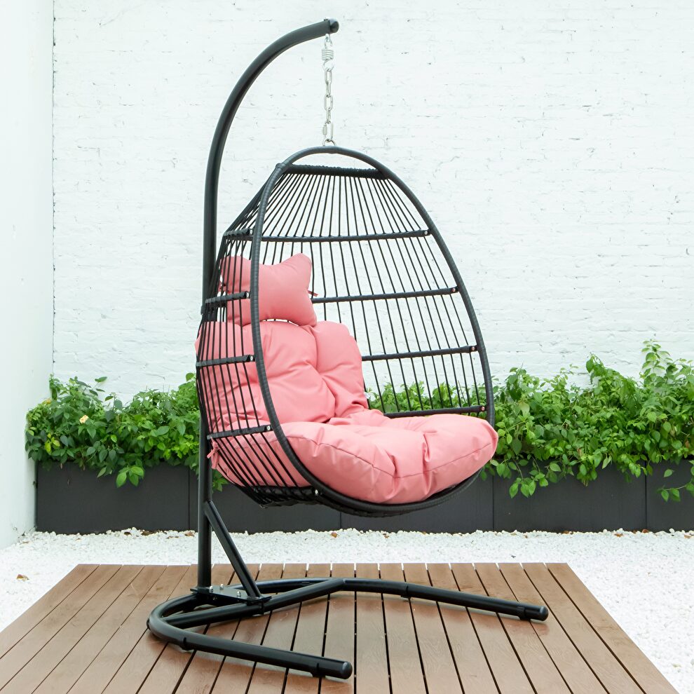 Pink finish wicker folding hanging egg swing chair by Leisure Mod