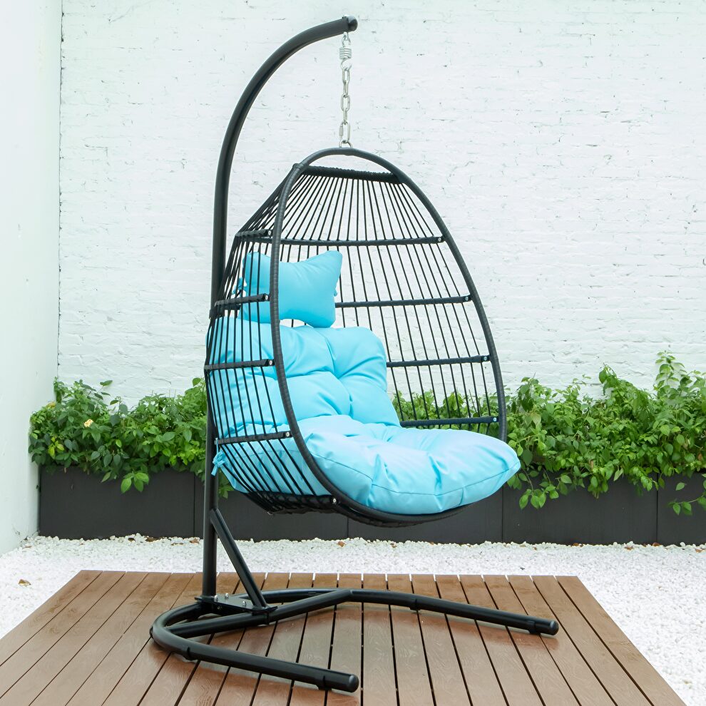 Teal finish wicker folding hanging egg swing chair by Leisure Mod