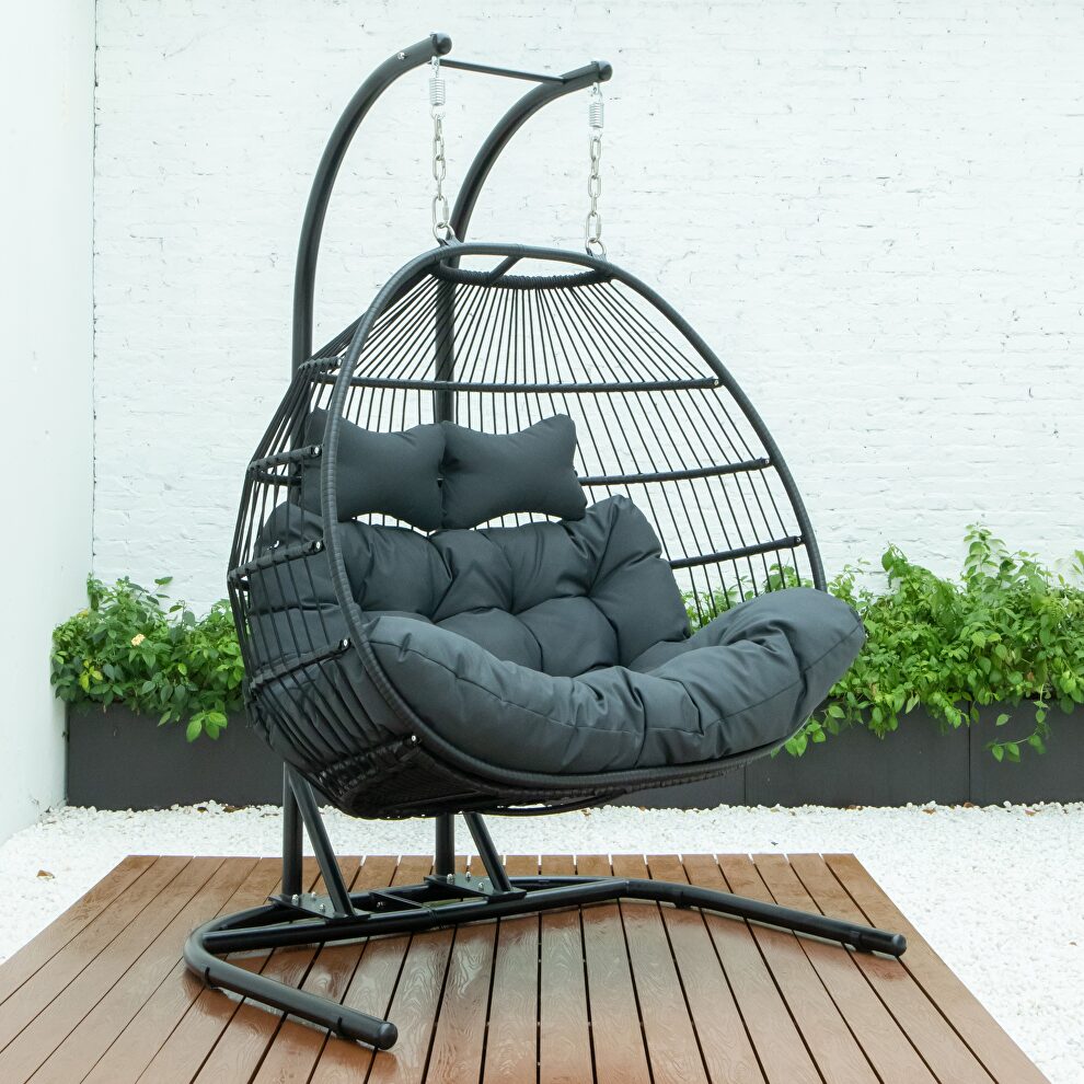 Charcoal finish wicker 2 person double folding hanging egg swing chair by Leisure Mod