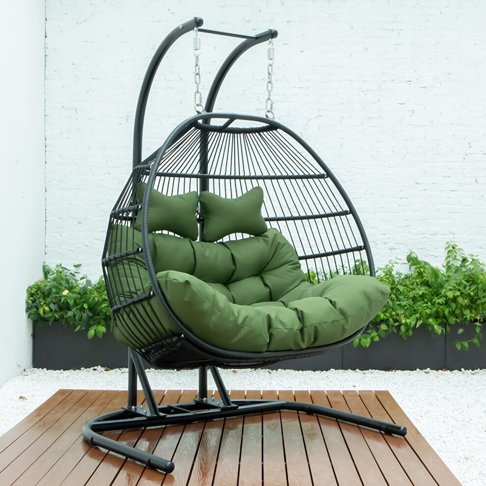 Dark green finish wicker 2 person double folding hanging egg swing chair by Leisure Mod