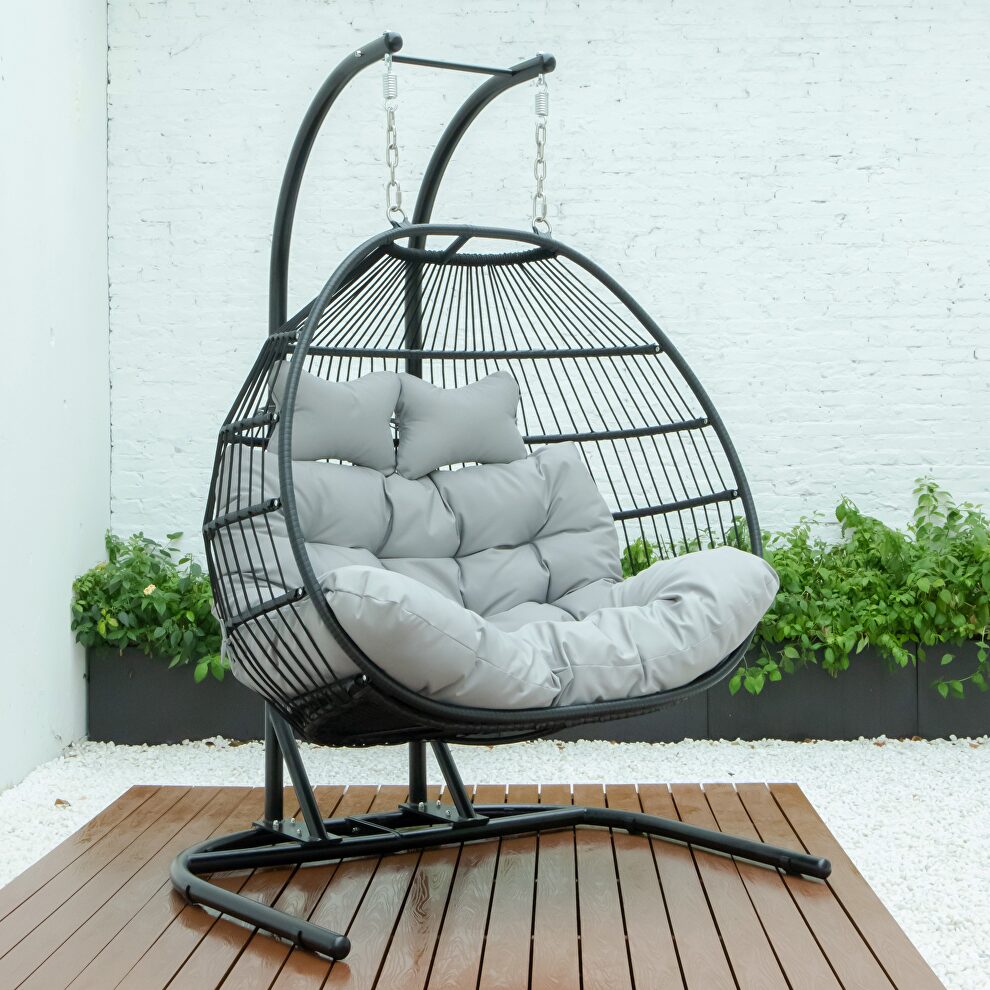 Light gray finish wicker 2 person double folding hanging egg swing chair by Leisure Mod