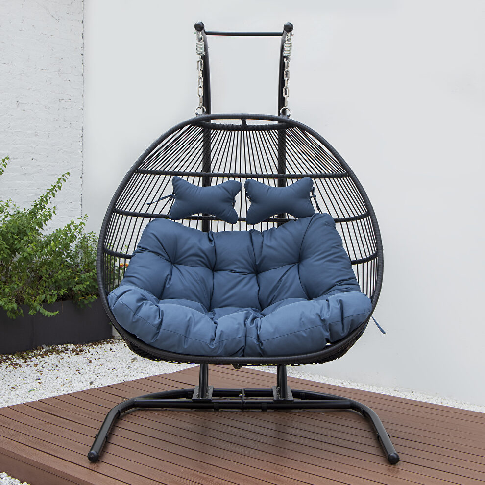 Navy blue finish wicker 2 person double folding hanging egg swing chair by Leisure Mod