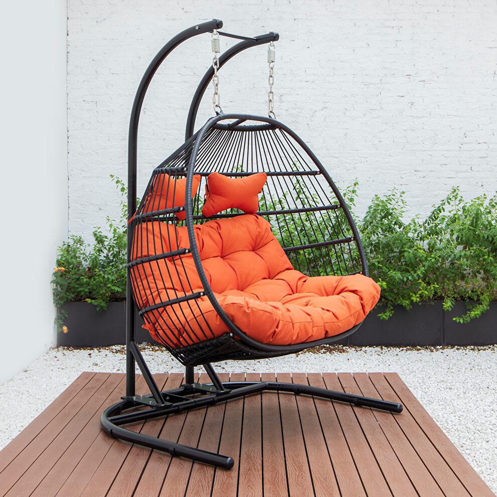Orange finish wicker 2 person double folding hanging egg swing chair by Leisure Mod