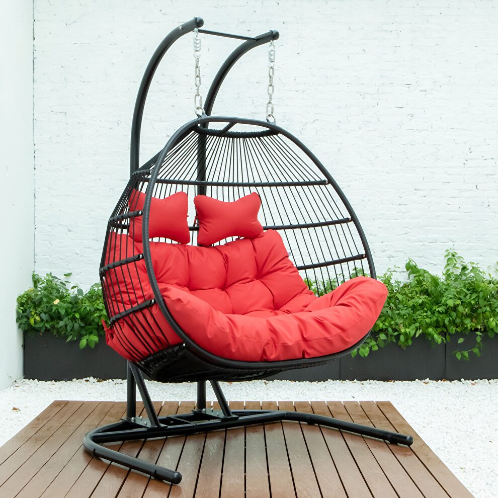 Red finish wicker 2 person double folding hanging egg swing chair by Leisure Mod